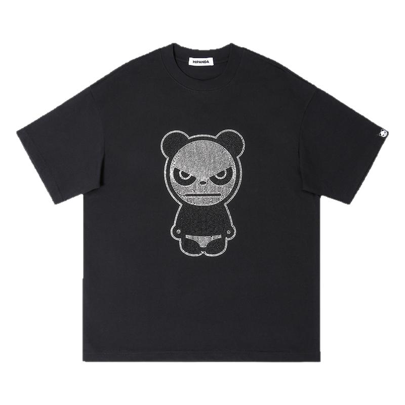 HI PANDA你好熊猫烫钻纯棉潮牌情侣短袖2025夏季新款宽松休闲T恤