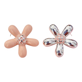 粉色滴油不对称花瓣耳环小众设计高级感轻奢通勤金属925银针