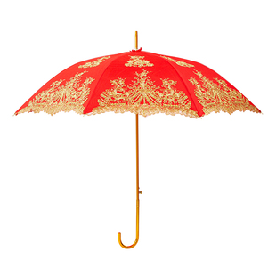 结婚红伞新新娘伞蕾丝出嫁出阁双层长柄刺绣复古婚庆婚礼高级喜伞