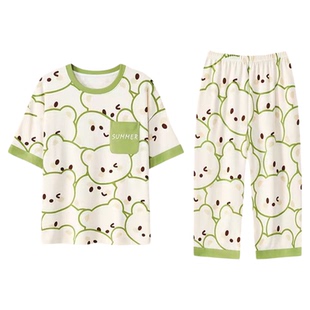 可外穿睡衣女士夏季带胸垫一体系短袖七分裤卡通家居服套装家居服