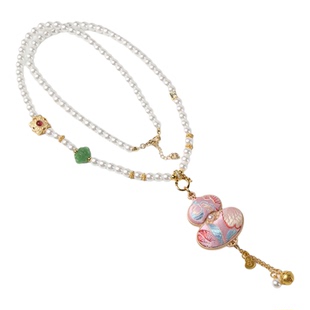 新中式旗袍配链珍珠贝国风藏式唐卡挂链宋锦吊坠水晶女款毛衣链