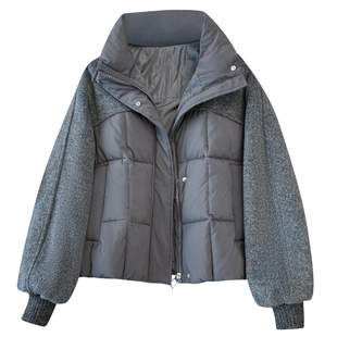 羊毛呢拼接灰色羽绒棉服外套女2025深冬新款巨好看的加厚棉袄衣服