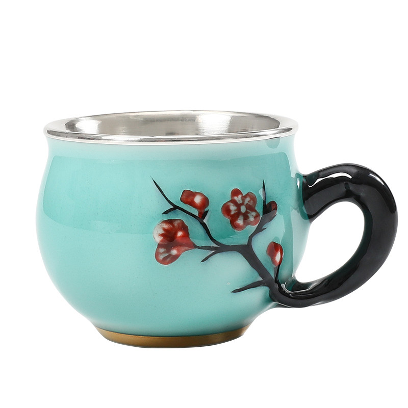 足银999纯手工青花梅花茶杯