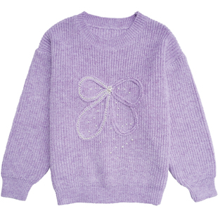 胖女童甜美少女蝴蝶结套头毛衣冬款中大童加肥加大宽松保暖针织衫