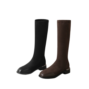 ZHR绒面长筒靴女2024秋冬新款粗腿弹力靴爆款加绒长靴厚底瘦瘦靴