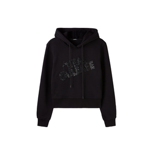 U/TI黑色纯棉连帽网球卫衣女装阔感短款亮片上衣尤缇2025春季新款