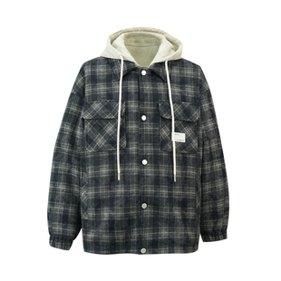 美式复古格子派克服男连帽假两件加绒保暖宽松加厚夹克外套冬季款