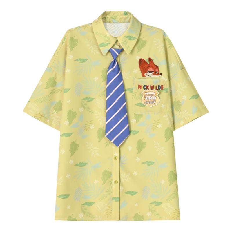 森女部落尼克狐衬衫男上衣情侣装疯狂动物城印花绿衬衣女夏
