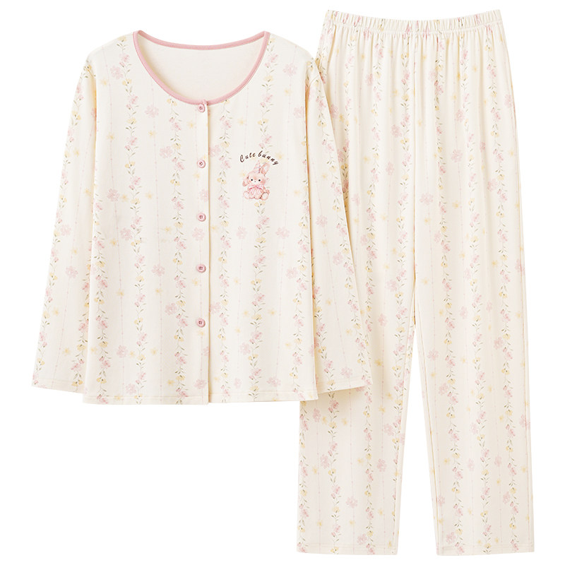 家曼妃女士纯棉开衫家居服套装秋