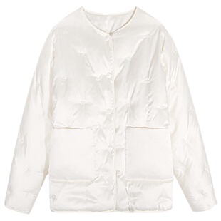 落落狷介白色刺绣短款羽绒服女款2026新款小个子宽松圆领保暖外套