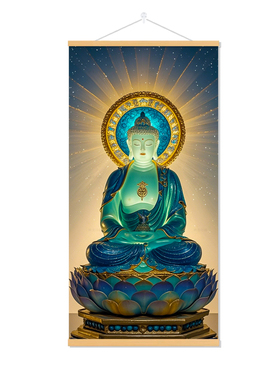 南无药师琉璃如来佛药王上菩萨三圣佛堂家用中式装饰挂画实木挂轴
