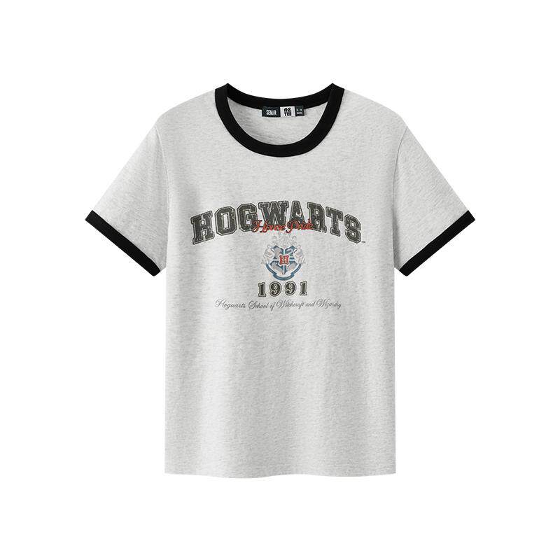 森马哈利波特联名短袖T恤女夏季短款撞色修身正肩印花学院风上衣