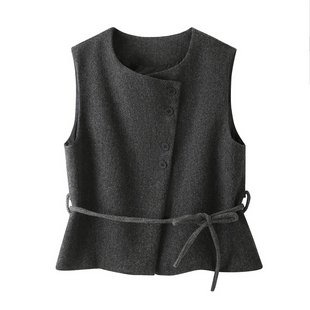 老钱风毛呢马甲背心外套女秋冬收腰系带显瘦气质百搭无袖坎肩马夹