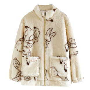 长毛绒男女款单件上衣秋冬季法兰绒高领拉链小兔睡衣加绒加厚外穿