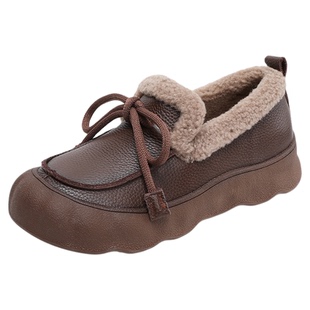头层牛皮女鞋棉鞋真皮加绒乐福鞋一脚蹬厚底休闲大码41保暖豆豆鞋