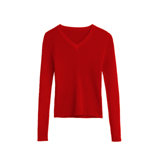 v领长袖针织衫女修身秋冬套头毛衣 高腰小个子短款上衣内搭打底衫