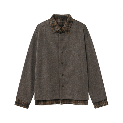 假两件拼接格纹衬衫领针织衫