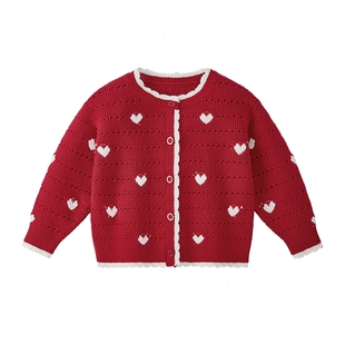 [抗菌远红外]女童毛衣女小童秋冬洋气针织衫儿童衣服宝宝红色开衫