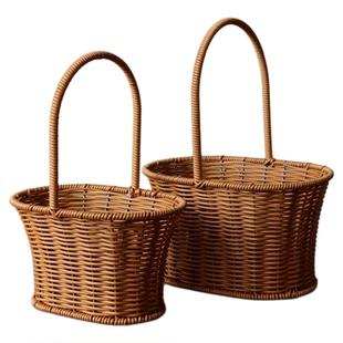 田园风系列藤编手提篮子 塑料藤仿藤手工编织花篮 手提包野餐篮子