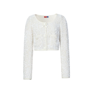 lefame拉飞姆冬季俏丽摩登米色亮片开衫上衣