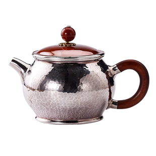 纯手工银壶999纯银泡茶壶一张打潘壶简约铜包银茶具小茶壶内推孔