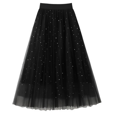 High waisted mid length sequin mesh skirt 高腰亮片网纱半身裙