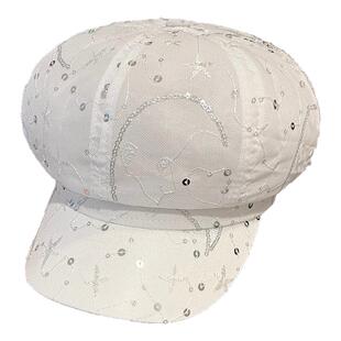 亮片八角帽子女款2026新款春夏季透气网纱鸭舌贝雷帽显脸小报童帽