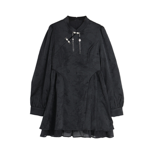 西町村屋新中式连衣裙女装春新款国风提花长袖短款裙子EA9502001