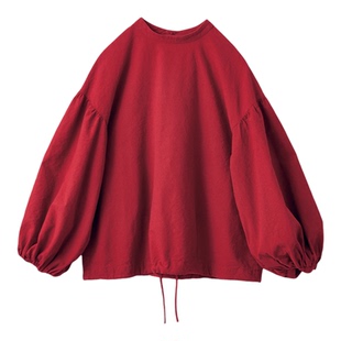 春季新品 桑妮库拉/Sunny clouds女式棉麻立领灯笼袖罩衫日系红色