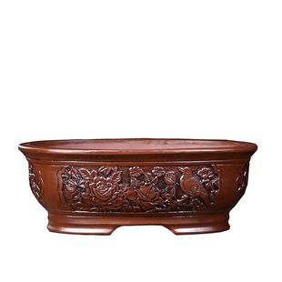 紫砂特大号盆景盆室内造型盆中国风栽盆仿古浮雕腰圆椭圆榕树花盆