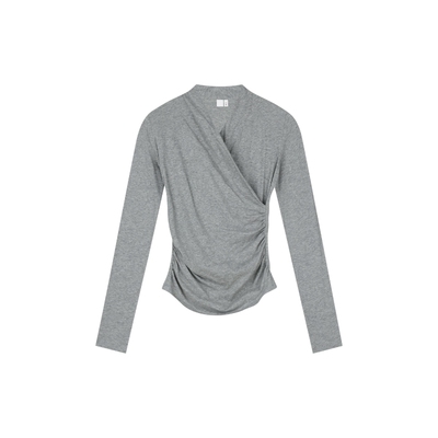 弹力收腰v领运动长袖t恤