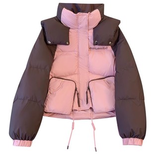 撞色拼接短款连带帽羽绒服女2025冬季新款设计感大口袋面包服外套