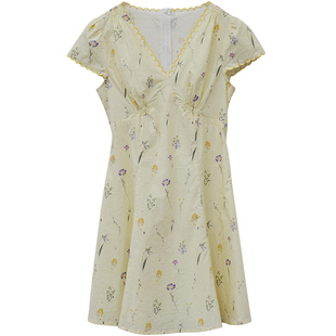 一三良品小个子 全棉印花v领短袖收腰连衣裙短裙a字裙短裙子女夏