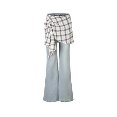 IF BY LAND 设计师品牌2026春季新款可拆卸浅蓝色格子喇叭牛仔裤