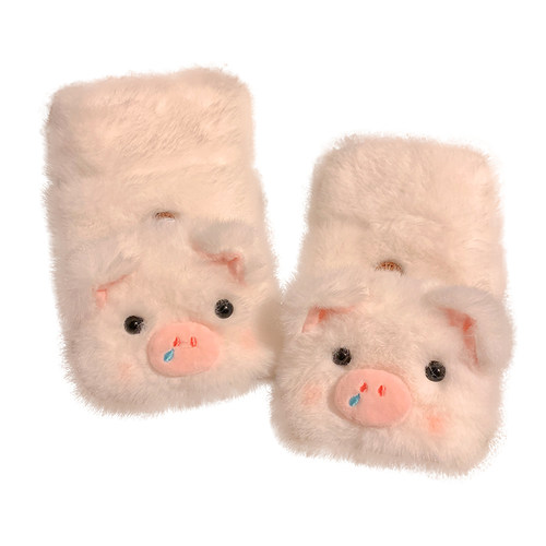 可爱小猪翻盖半指毛绒手套女冬季加绒加厚可触屏学生写字骑车防寒