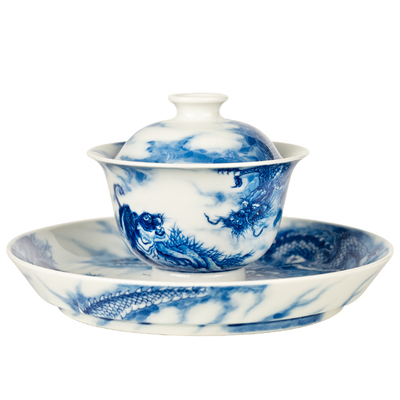 圣山景德镇手绘青花卧虎藏龙陶瓷茶具盖碗手工陶瓷盖碗茶杯套组