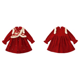 法国Uamtor女童爱心连衣裙红色中式儿童秋冬拜年服国风喜庆旗袍裙