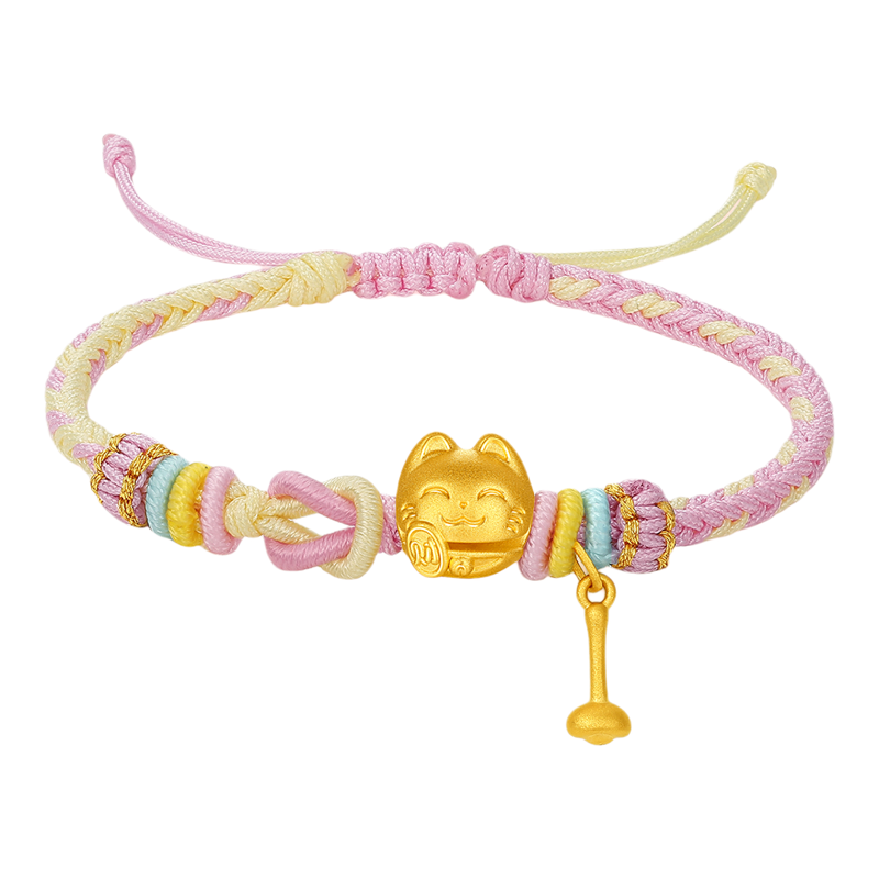 周六福黄金5d硬金手绳女款定价灵喵敲鱼招财木鱼猫送女生节日礼物