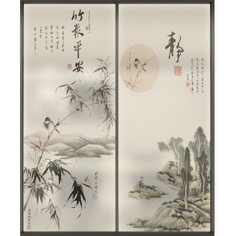 中式竹子贴画玻璃贴膜静电磨砂免胶办公室酒店玄关玻璃贴纸不透明