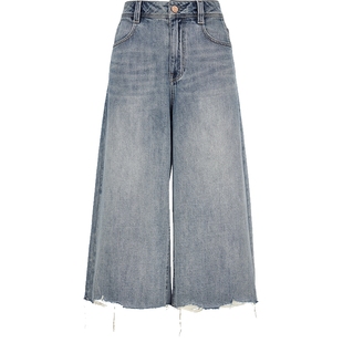 ONLY2025秋季新款做旧裤脚毛边宽松显瘦A字直筒裤七分裤牛仔裤女