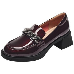 明星同款KISSCAT接吻猫[星空乐福鞋]厚底真皮通勤粗跟黑色小皮鞋