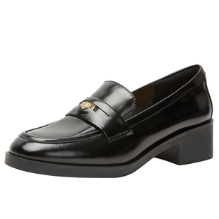 明星同款百田森真皮乐福鞋女2025新款秋冬粗跟通勤黑色小皮鞋单鞋