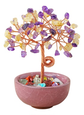 聚宝盆紫黄水晶招财盆景摆件