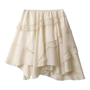 ICE DUST 2025早秋新款蕾丝花边半裙女纯色拼接不规则褶皱半身裙