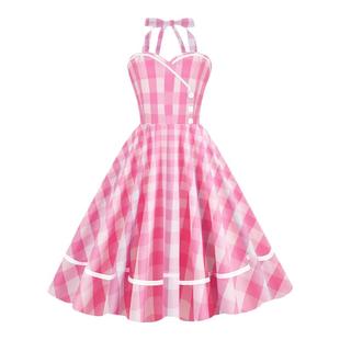 粉色格子挂脖连衣裙芭比粉少女甜美露背收腰大摆度假舞蹈表演出服