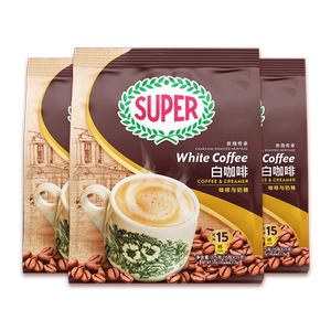 马来西亚super超级二合一无蔗糖添加炭烧白咖啡速溶咖啡240g*3袋