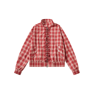 sameuoo散养文化「格纹星系」哈林顿夹克 木耳边跨年红色格纹外套