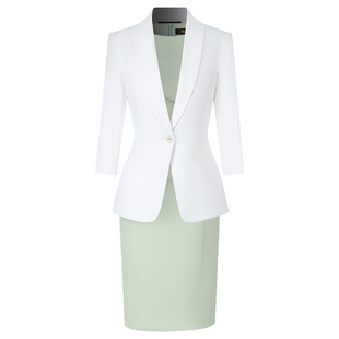 白色西装连衣裙两件套职业连衣裙套装主持人教师服装美容院工服女