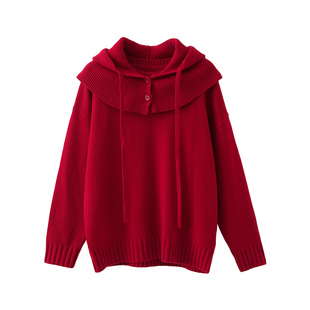 【到手399元】两穿连帽套装针织衫100羊毛红色加厚宽松套头毛衣女