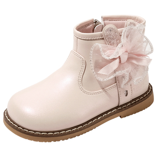 百丽童鞋女童冬季加绒保暖短靴洋气蝴蝶结公主靴小女孩软底时装靴